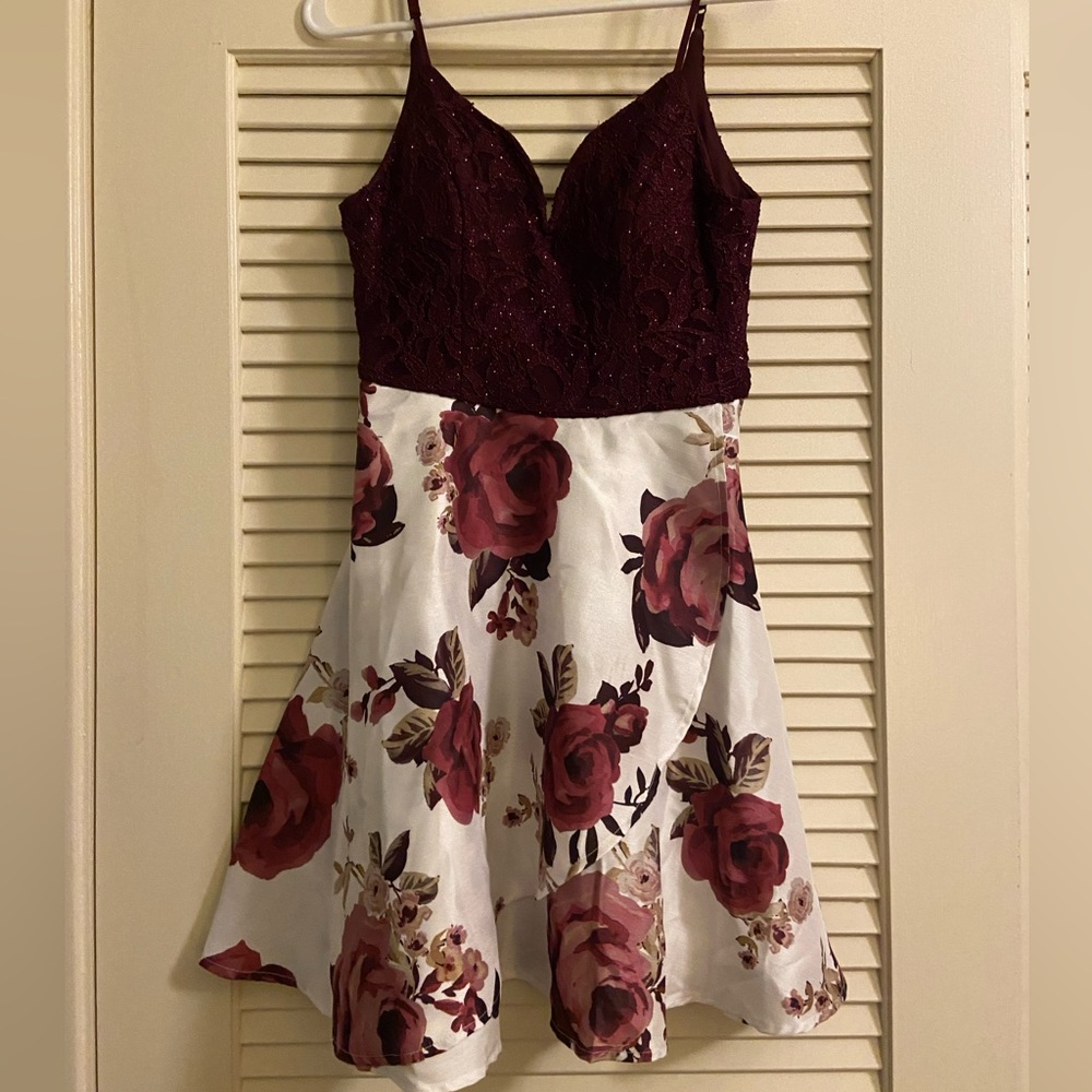 Short Maroon Dress with Floral Design